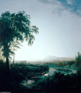 Landscape With River And Cows At Dusk — Abraham Pether