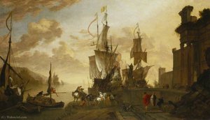 Italianate Harbour Scene With The Monument Of Ferdinand I De’ Medici At Leghorn — Hendrik Van Minderhout