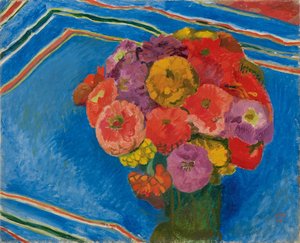 Zinnias on a Blue Cloth