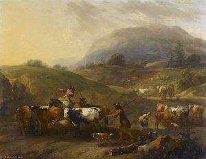 A Mountainous Landscape With Herdsmen Driving Cattle Down A Road — Nicolaes Pietersz Berchem