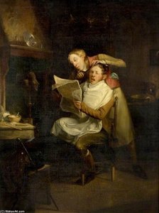 A Man At A Barber's Shop, Reading A Paper — Edward Bird