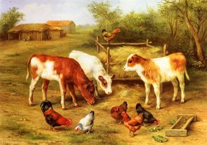 Calves And Chickens Feeding In A Farmyard — Edgar Hunt, Realism