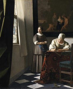 Woman Writing A Letter, With Her Maid — Johannes Vermeer, Dutch Golden Age Painting