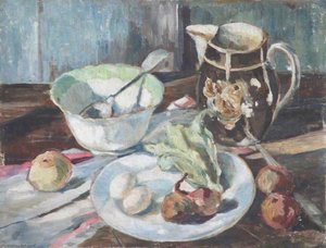 Still Life With Onions, Food On A Dish, A Spoon In A Bowl And Lustreware Jug — Alan Francis Clutton Brock