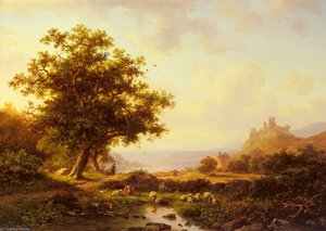 An Extensive River Landscape With A Castle On A Hill Beyond — Frederick Marianus Kruseman