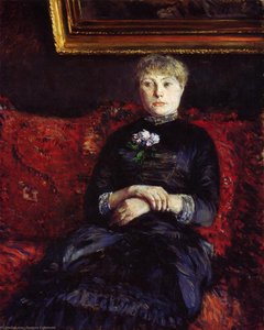 Woman Sitting On A Red-flowered Sofa 02 — Gustave Caillebotte