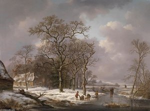 Figures In A Winter Landscape — Andreas Schelfhout