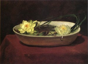 Water-lilies In A White Bowl - With Red Table Cover — John La Farge