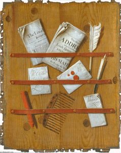 A Trompe L'oeil Of Newspapers, Letters And Writing Implements On A Wooden Board — Edwaert Collier