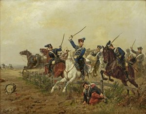 Attackierendes deutsches Husarenregiment im Krieg 1870 71