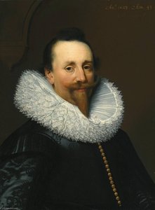 portrait of a gentleman, head and shoulders, wearing a black shirt and white ruff