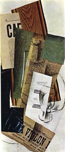 Glass Carafe And Newspapers — Georges Braque, Synthetic Cubism