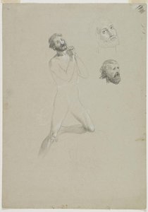 Nude Male Figure Praying, Two Heads — Thomas Cole