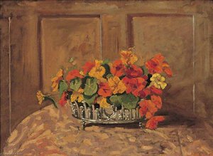 Nasturtiums In A Silver Presentation Bowl, With Panelling — Winston Spencer Churchill
