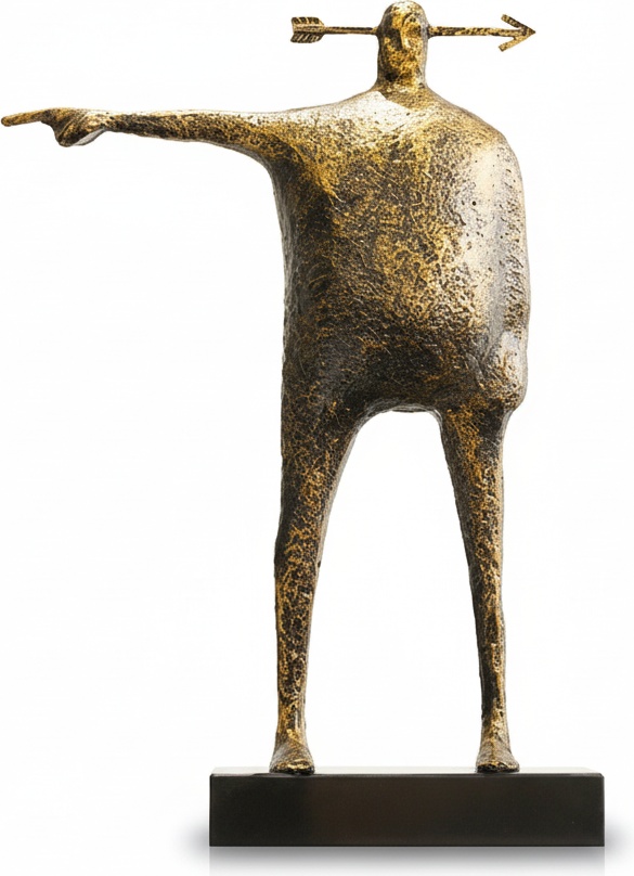 Abstract Bronze Character Statue – Gesturing Figure With Arrow Accent