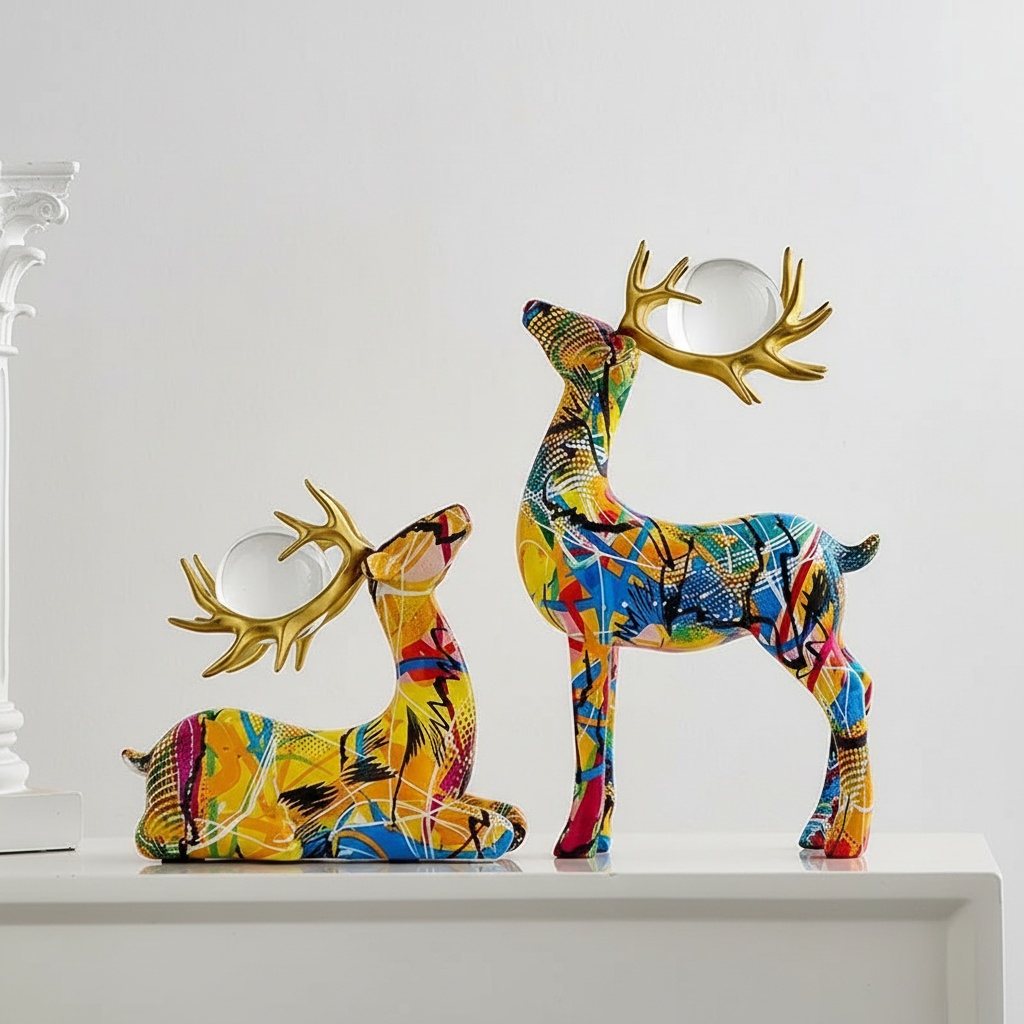 Abstract Deer Duo: Resin Sculpture In Pop Art Colors