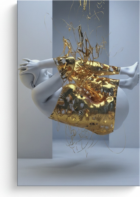 Abstract White Figure Canvas Wall Art – Modern Metallic Accents