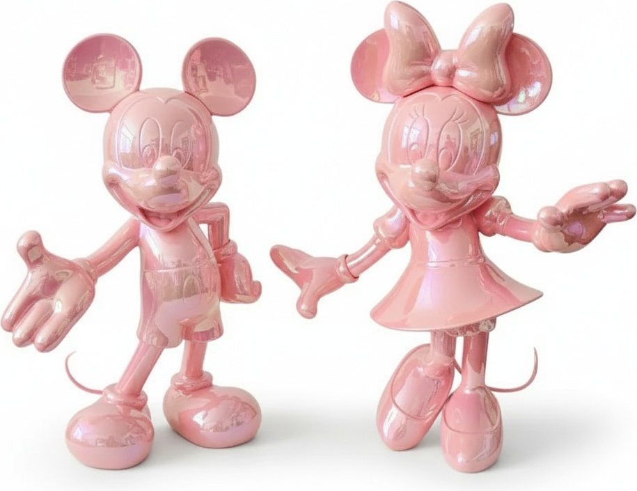 Iridescent Chrome Pink Mickey & Minnie Sculpture Pair