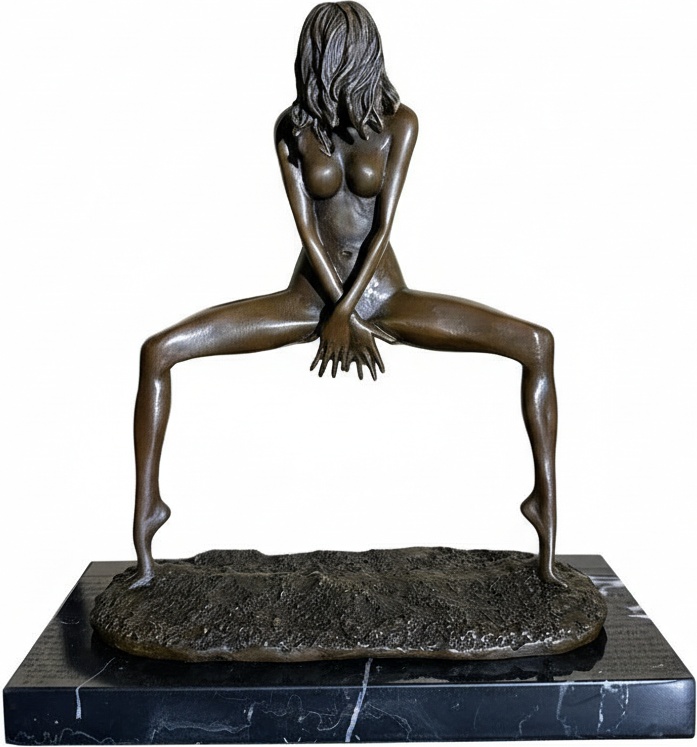 Bronze Crouching Figure Sculpture On Marble Base