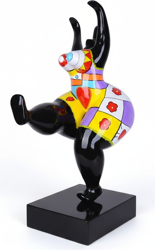 Dynamic Black Resin Lady Sculpture With Colorful Accents