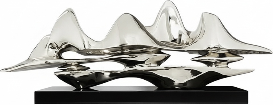 Silver & Black Abstract Resin Sculpture – Modern Wave Form