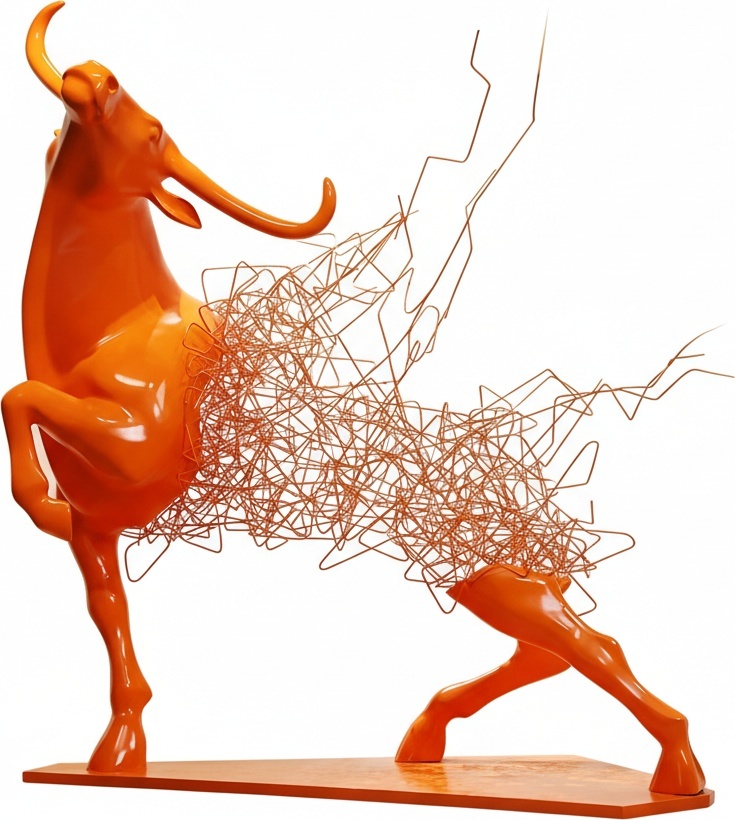 Dynamic Orange Bull Sculpture - Glass Fiber Resin