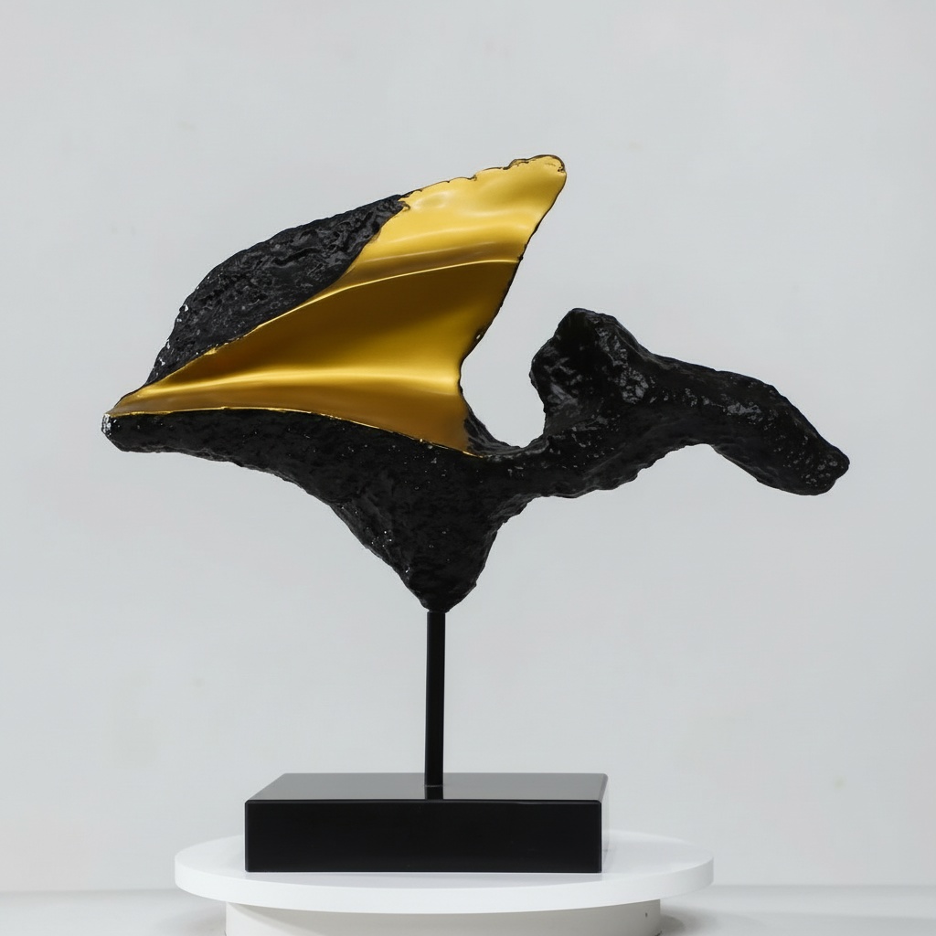Black & Gold Abstract Wing Sculpture - Fiberglass Resin Art