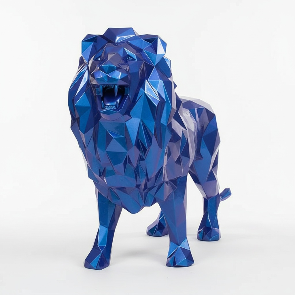 Iridescent Blue Geometric Lion Sculpture