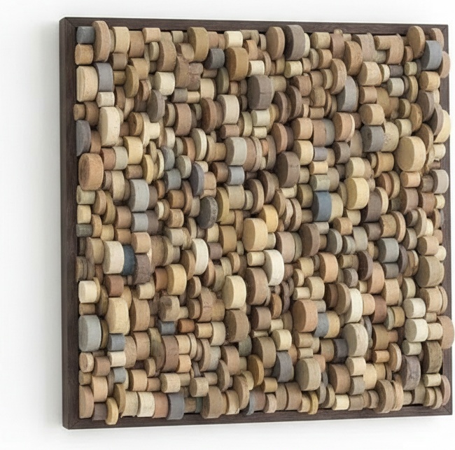Abstract Wood Block Mosaic Wall Art – Rustic Geometric Panel