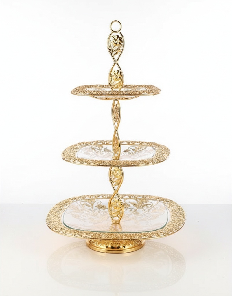 Elegant Gold Metal & Glass Three-tier Serving Stand