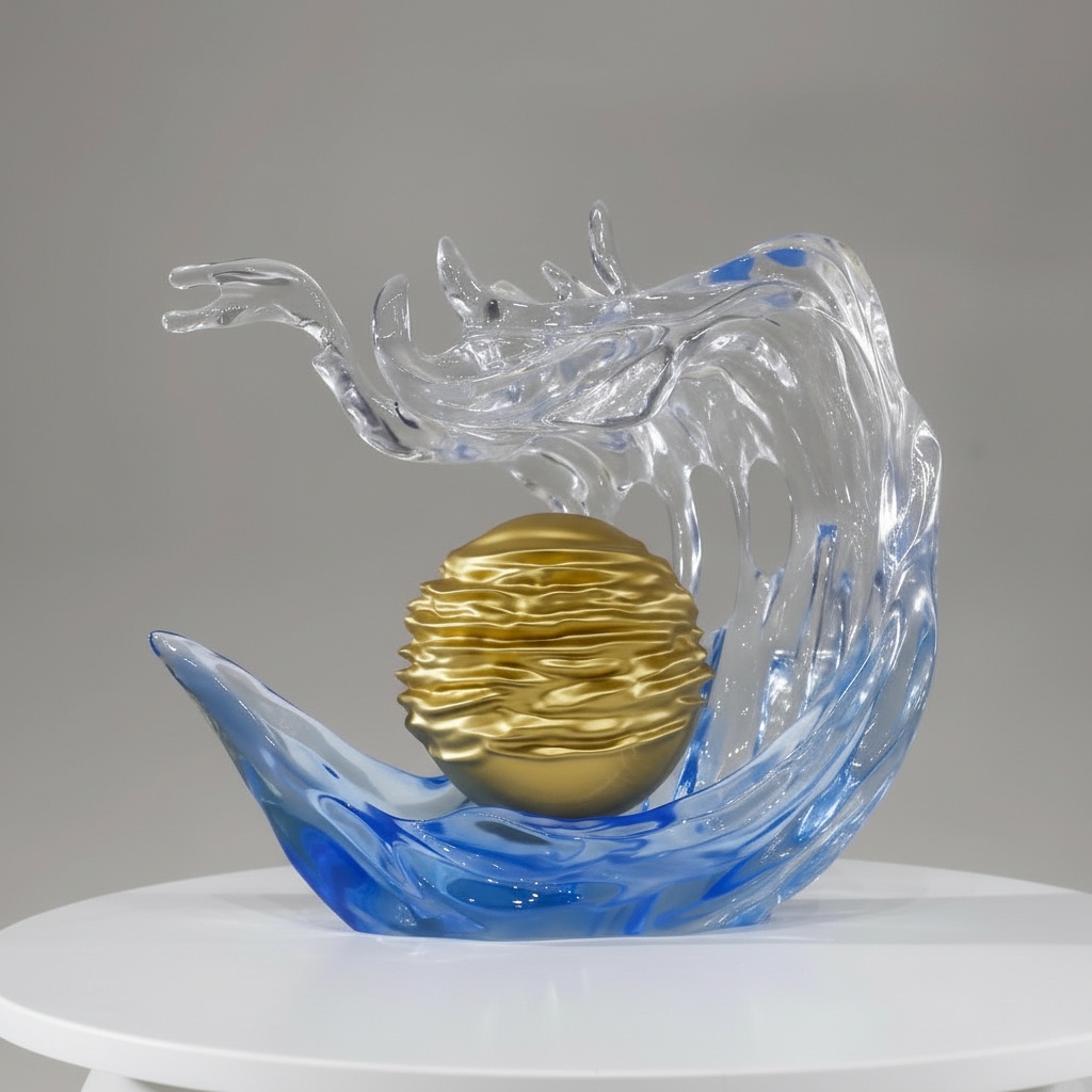 Resin Wave Sculpture With Golden Sphere – Dragon Motif