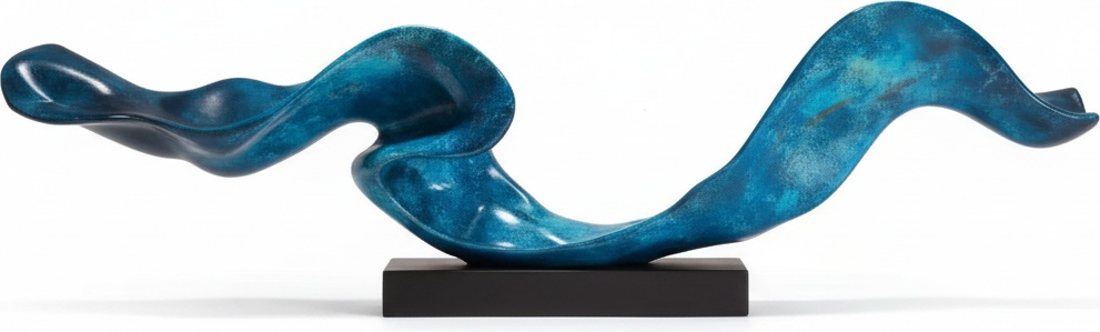 Blue Resin Wave Sculpture On Dark Wood Base