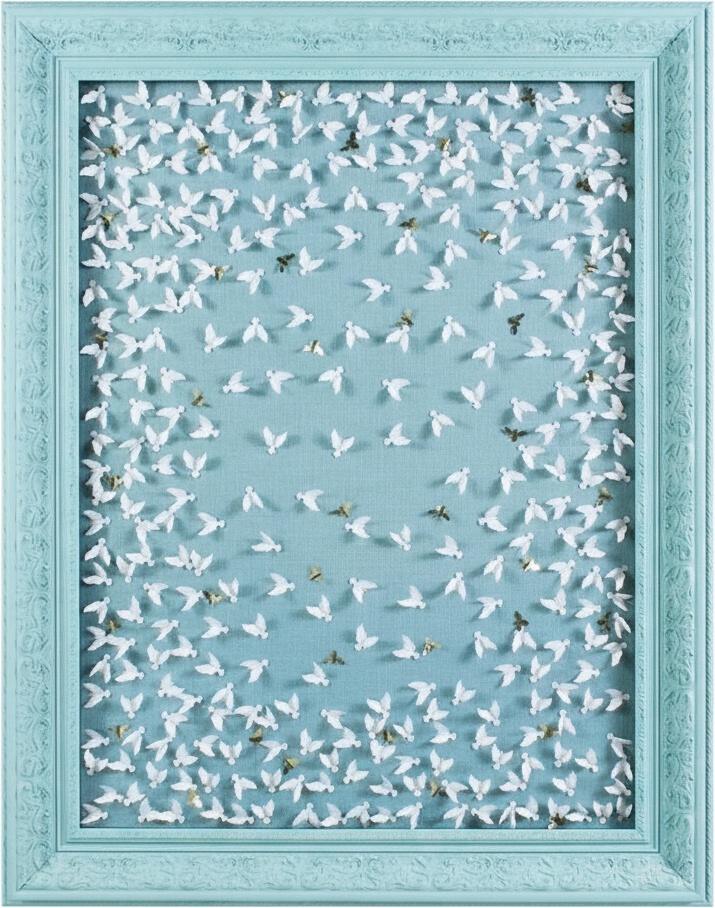 Handmade Paper Bird & Fish Shadow Box Wall Art In Distressed Turquoise Frame