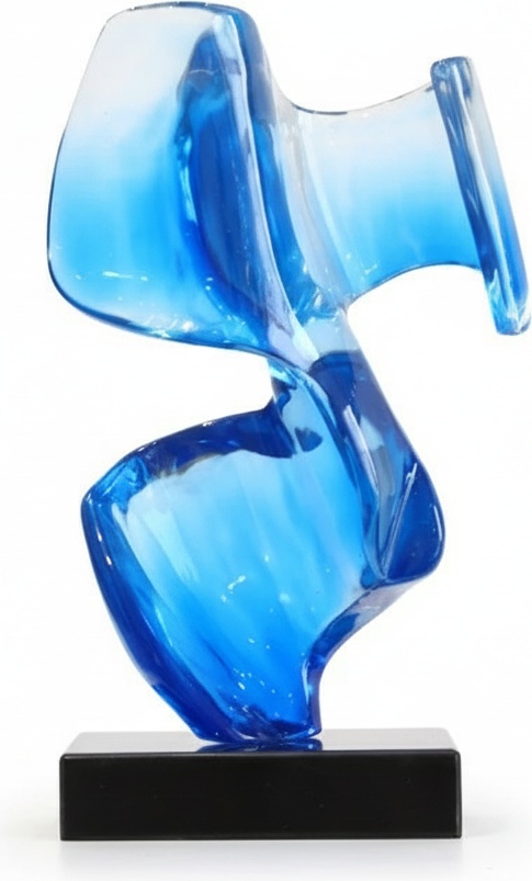 Flowing Blue Glass Sculpture On Wood Base