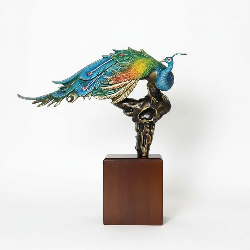 Golden Peacock Sculpture With Patina Finish