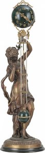 Antique Bronze Pendulum Clock With Swinging Ball & Brass Statue, Art Deco