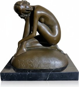 Contemplative Bronze Seated Woman Sculpture On Marble Base, Neoclassical