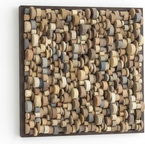 Abstract Wood Block Mosaic Wall Art – Rustic Geometric Panel, Organic Minimalism