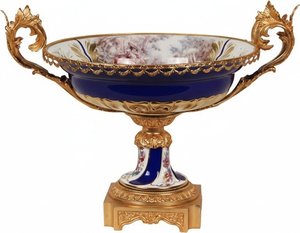 Rococo Porcelain Fruit Bowl With Blue Grass Leaf Handles