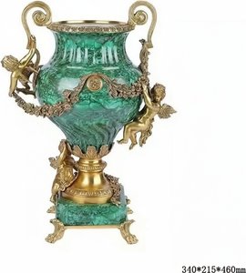 Emerald Green Ceramic & Brass Floor Vase With Cherub Detail
