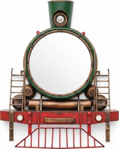 Vintage Steam Train Wall Mirror – Handcrafted Metal & Wood Décor, Industrial Design Metal, Wood, Glass; Painted Fin