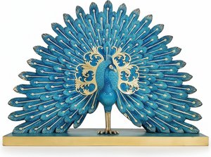 Golden Peacock Sculpture – Resin & Electroplated Detail, Gilded Glamour