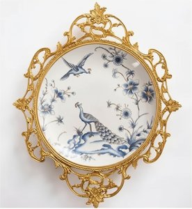 Peacock & Floral Ceramic Wall Plate With Brass Frame, Chinoiserie Ceramic, Brass Glazed Wall Hanging