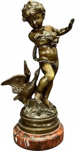 Bronze Cherub With Duckling Statue On Marble Base