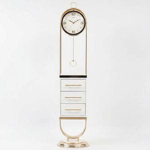 Elegant Grandfather Clock – Refined Wood & Metal Design Featuring Three Drawers For Storage And Classic Black Numerals On Cream Background Dial.