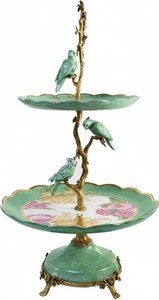 Three-tiered Ceramic Dessert Stand With Hand-painted Bird Accents
